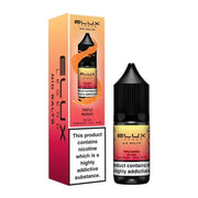 A pack of 10x 10ml Elux Legend Nic Salt E-Liquid bottles in Triple Mango flavor, with nicotine strengths of 10mg and 20mg, displayed in a box with branding and flavor information.